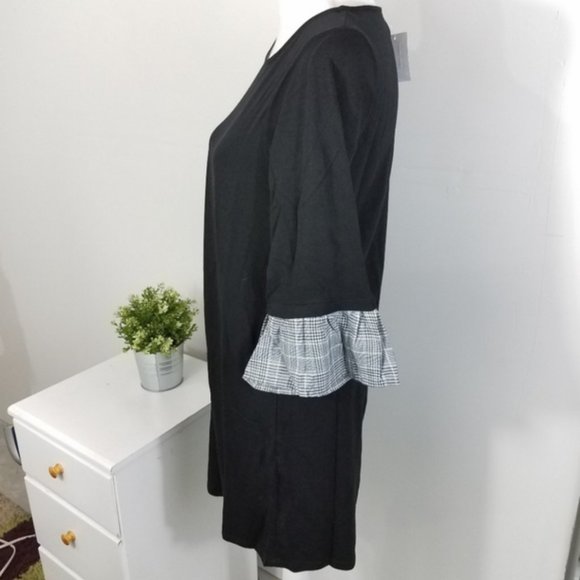 Pleione Black Plaid Ruffle Sleeve Knit Shirt Dress - Picture 5 of 8